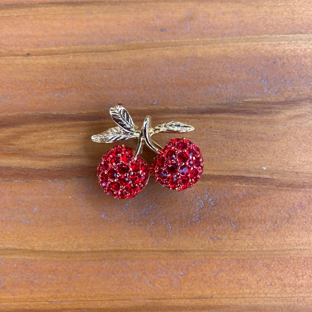 Cherry Brooch Pin, Goldtone and Red Sparkly Rhinestones
